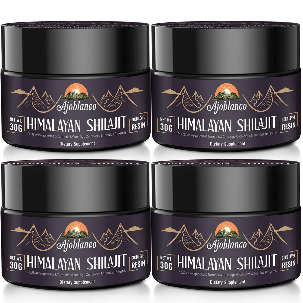 Ajoblanco Shilajit resin jar closeup showing purity for daily energy support.