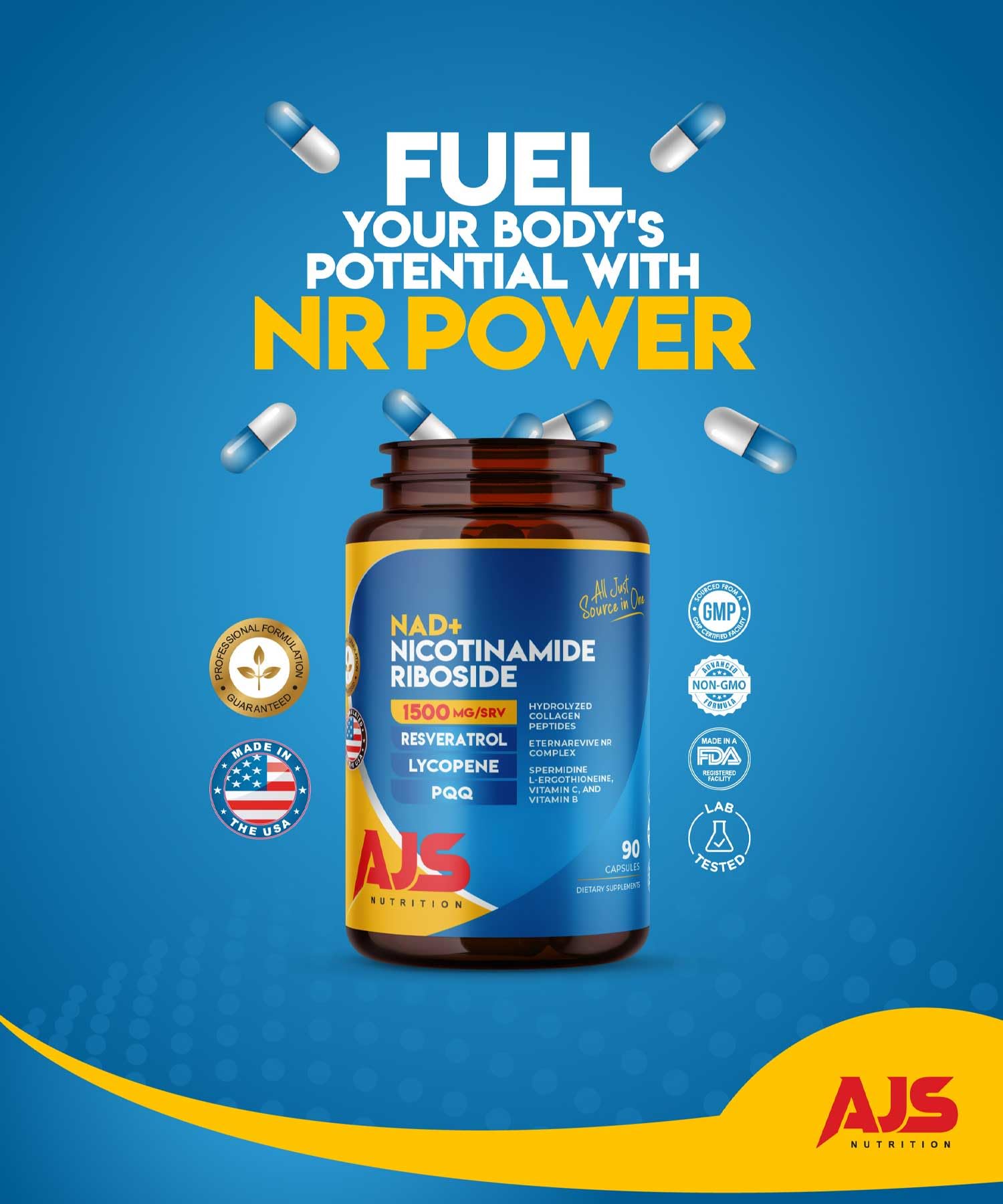 AJS NAD+ BioSynergy blend showcasing wellness and antioxidant support