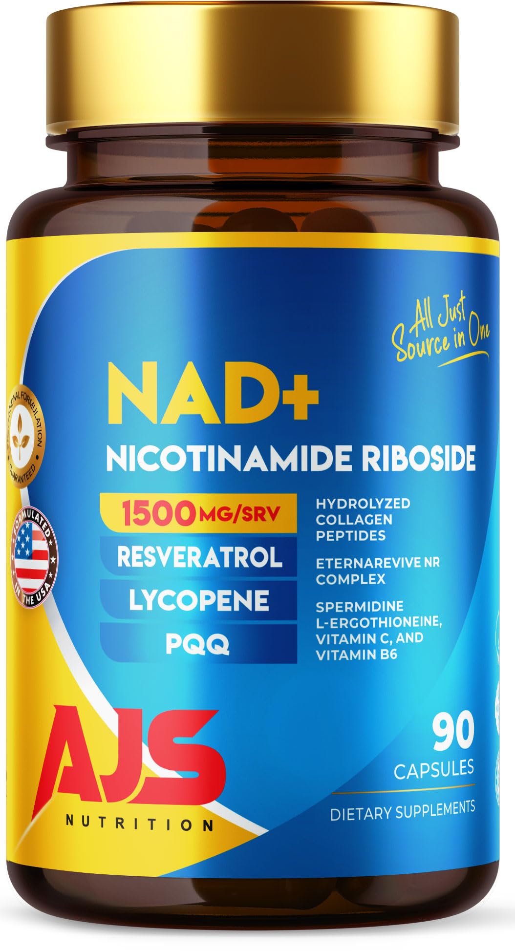 AJS NAD+ bottle front showing the label for cellular energy support