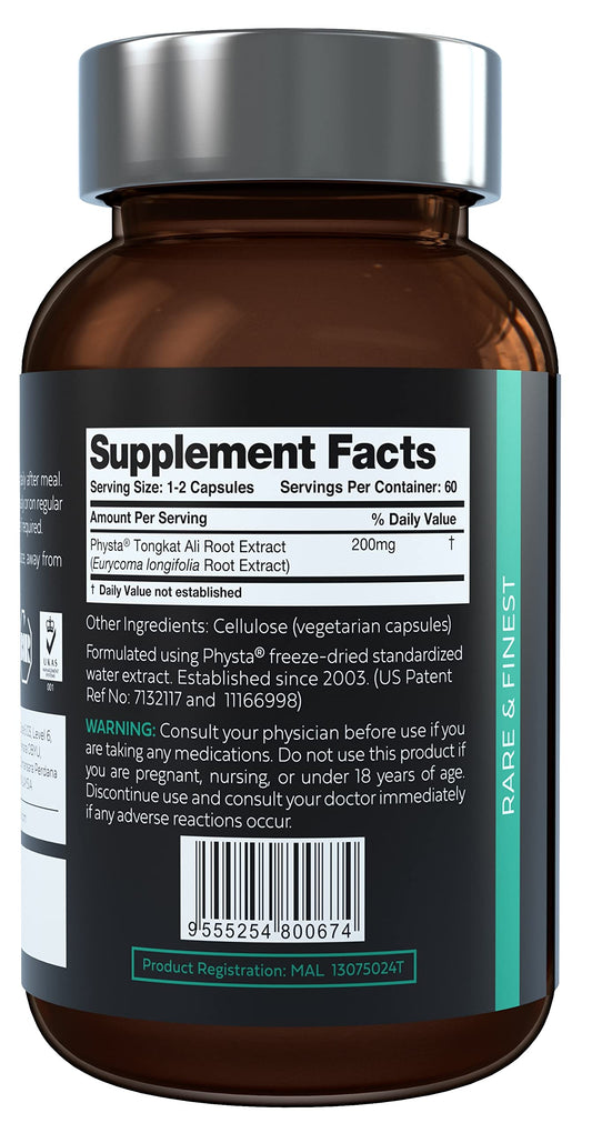 AKARALI Tongkat Ali label closeup highlighting 1.5% eurycomanone content and high-quality extract.
