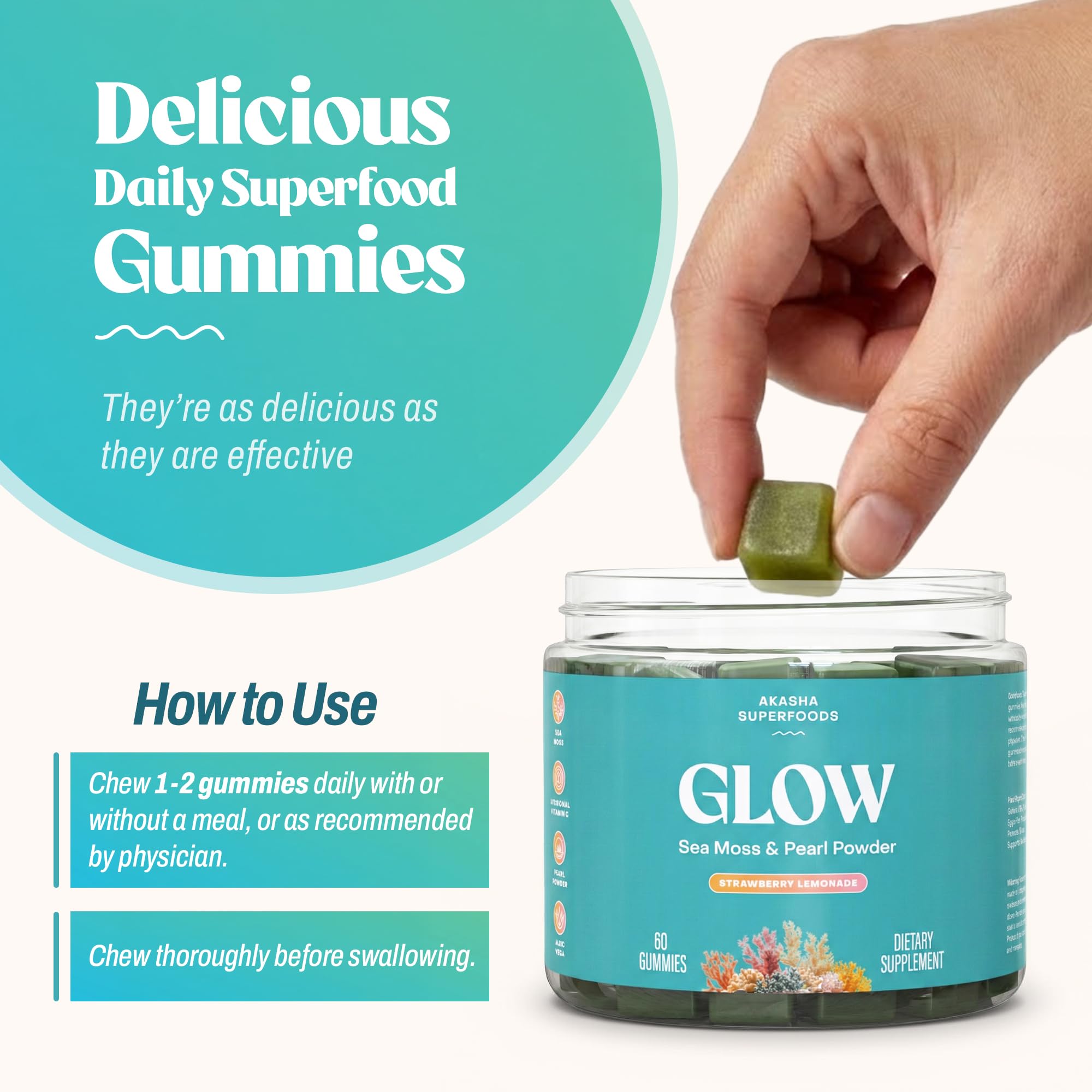 Close-up of Akasha Sea Moss Glow Gummies strawberry lemonade flavor