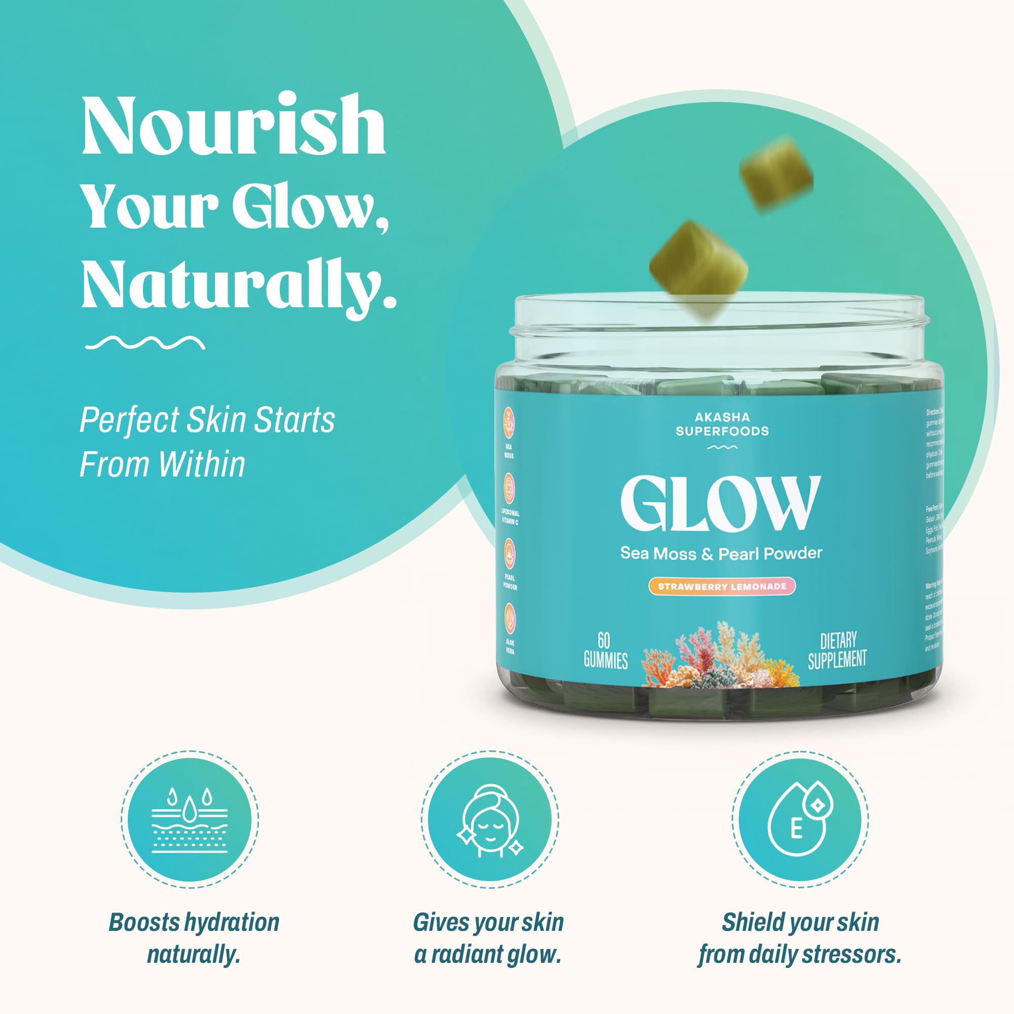 Akasha Sea Moss Glow Gummies label close-up showing clean ingredients
