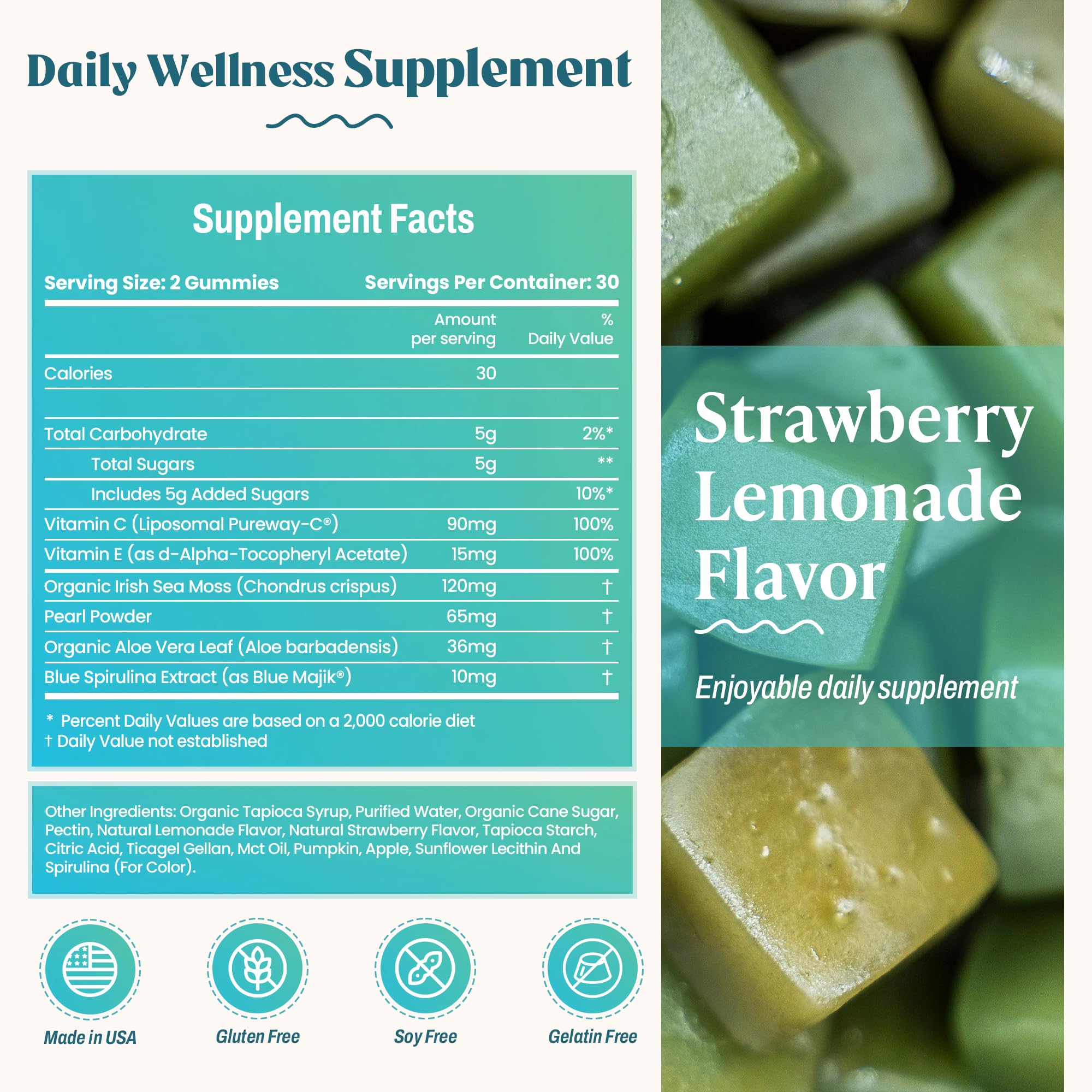 Vegan ingredients highlighted on Akasha Sea Moss Glow Gummies packaging