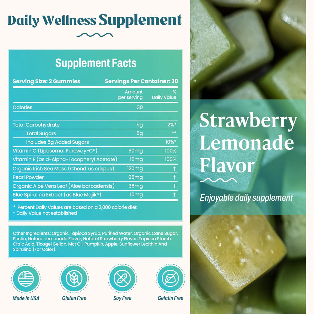 Vegan ingredients highlighted on Akasha Sea Moss Glow Gummies packaging