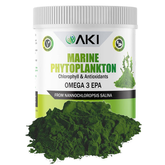 AKI Marine Phytoplankton Powder bottle shows plant-based omega-3 support for daily nutrition.