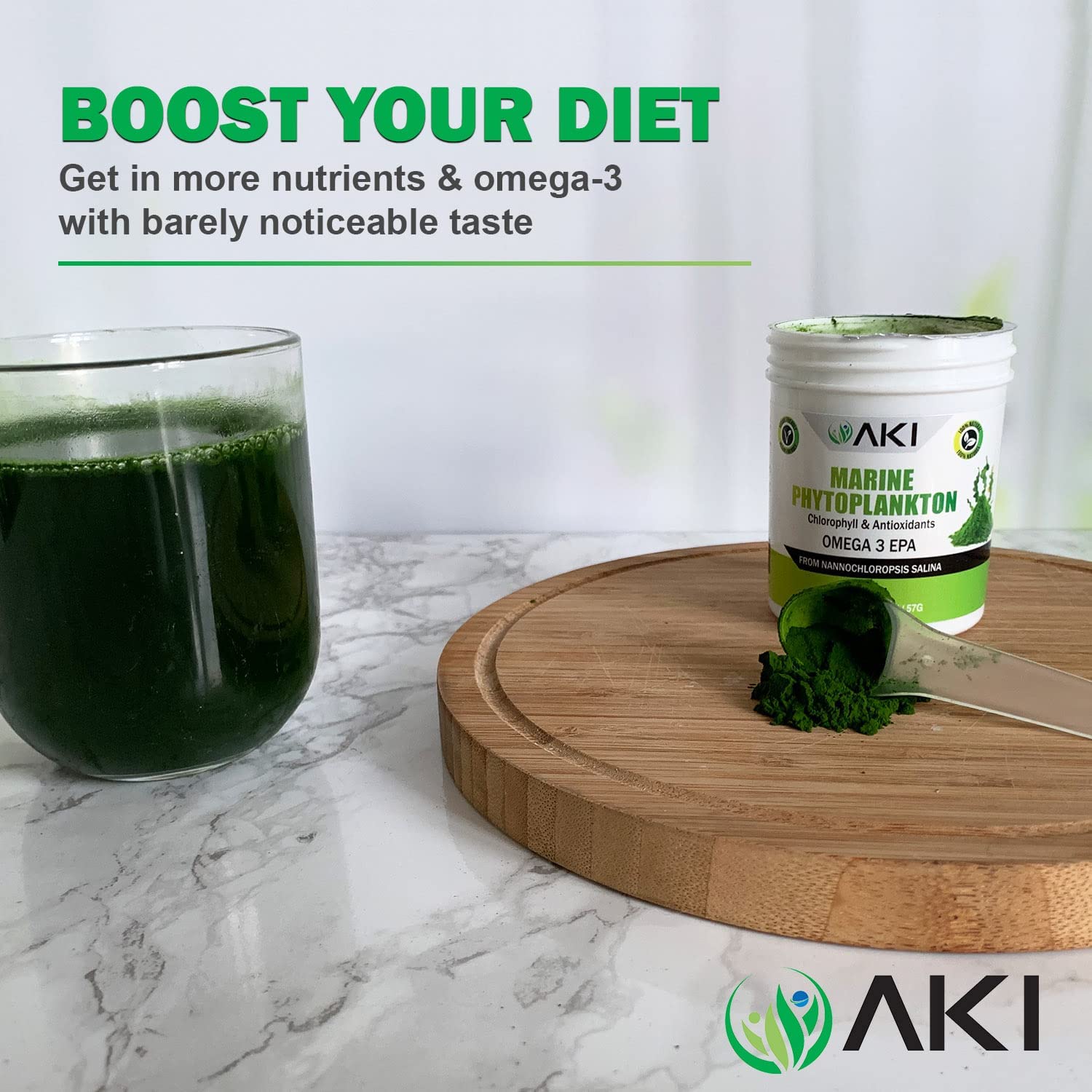 AKI Marine Phytoplankton Powder closeup highlights spray-dried nutrients.