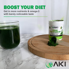 AKI Marine Phytoplankton Powder closeup highlights spray-dried nutrients.