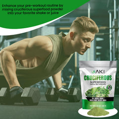 AKI Organic cruciferous blend stirred into juice for quick boost.