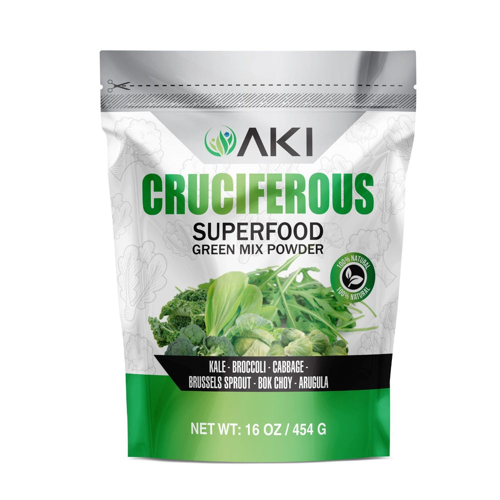 AKI Organic cruciferous green mix bottle front shows nutrient-dense blend.