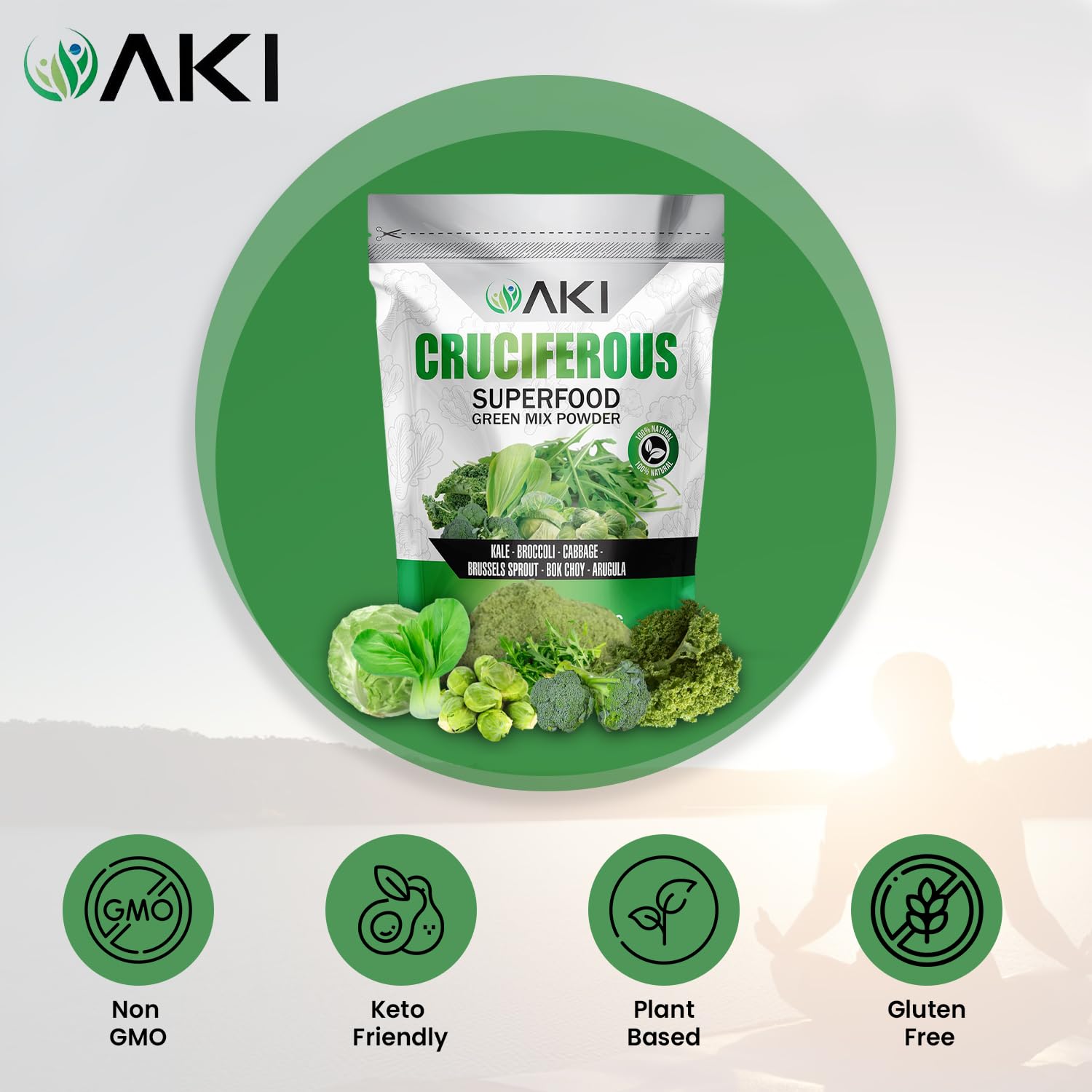 AKI Organic green mix powder being scooped for smoothies.