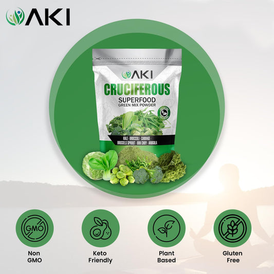 AKI Organic green mix powder being scooped for smoothies.