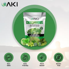 AKI Organic green mix powder being scooped for smoothies.