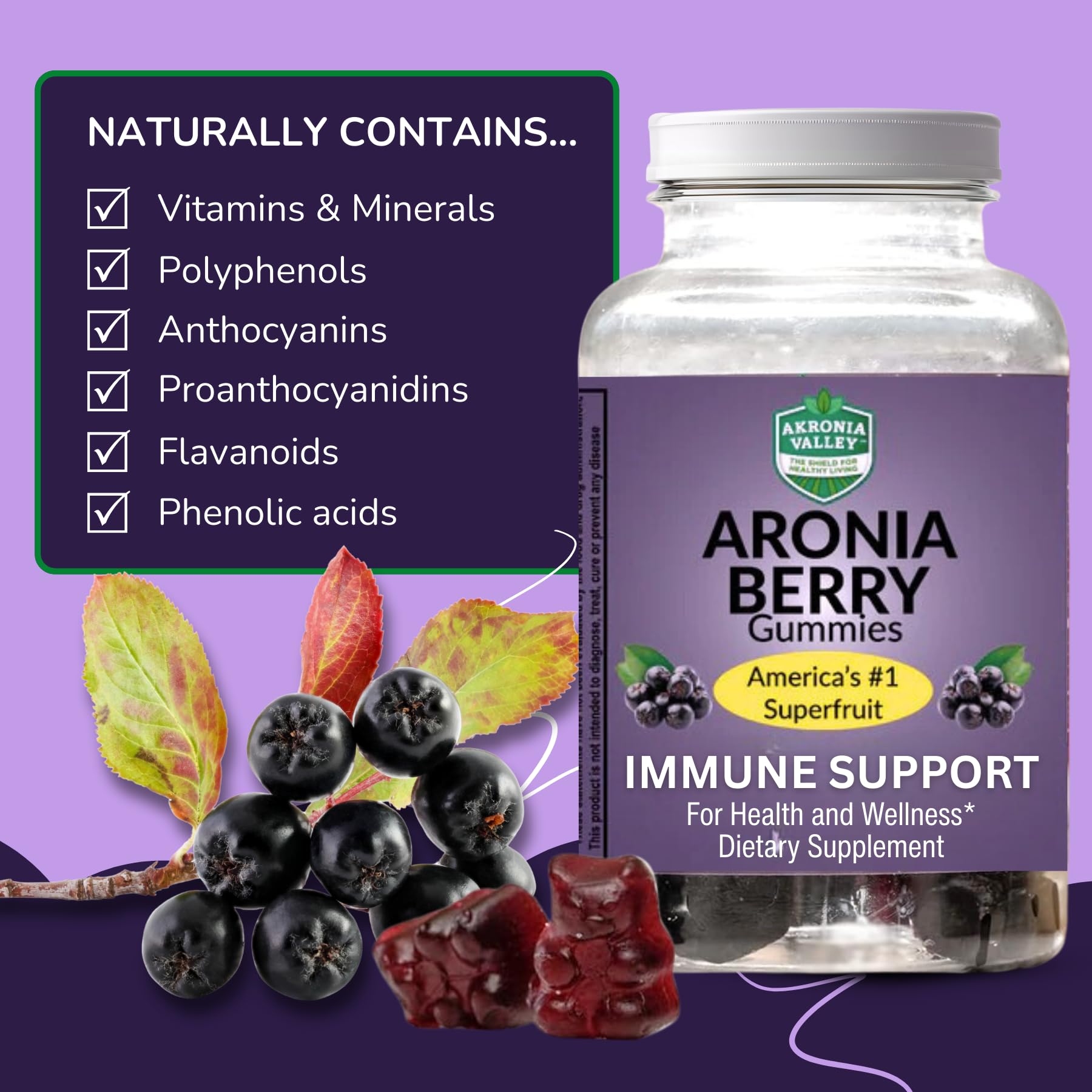 Akronia Valley Aronia Berry Gummies bottle side—easy 3-per-day serving
