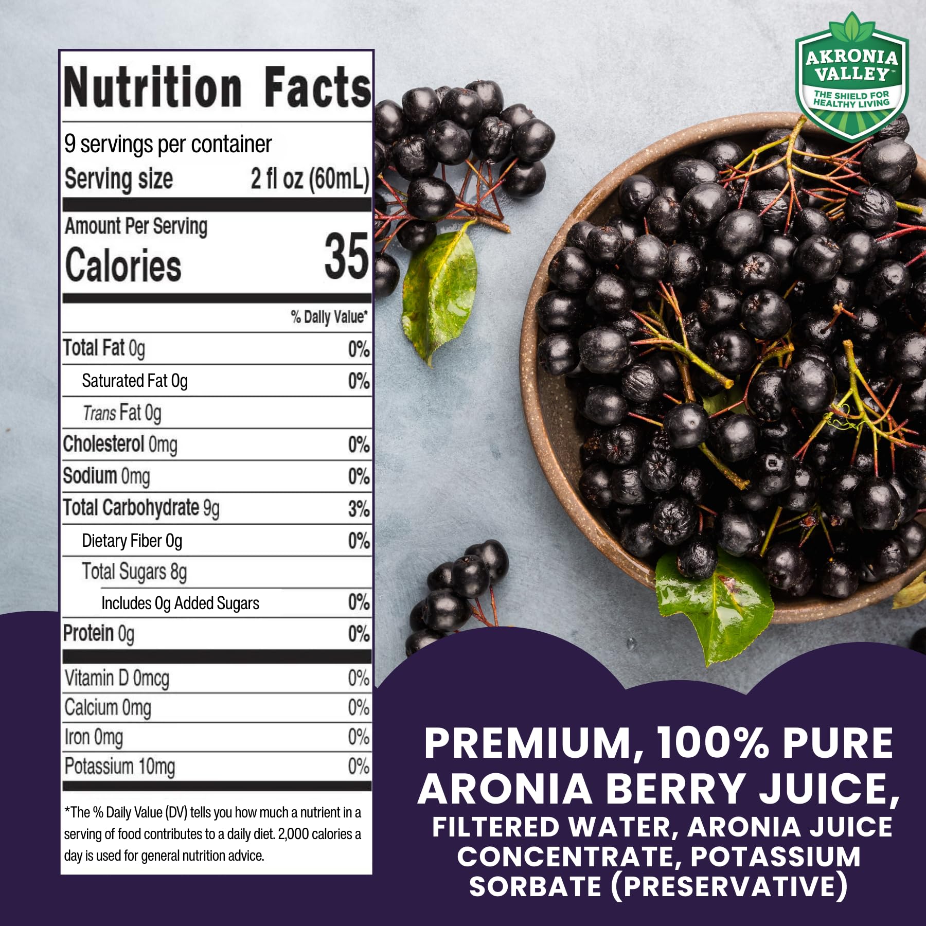 Label close-up showing 100% aronia juice and simple ingredients.