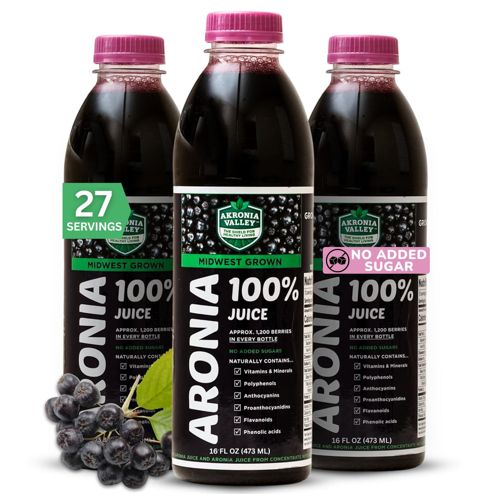 Akronia Valley Aronia Juice bottle front view highlighting 100% pure formula.