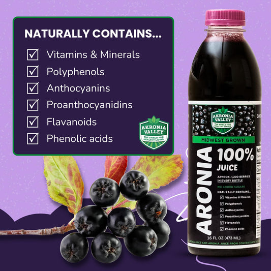 Akronia Valley Aronia Juice bottle side angle highlighting no added sugars.