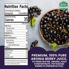 Glass with Akronia Valley Aronia juice and clean ingredients shown nearby.