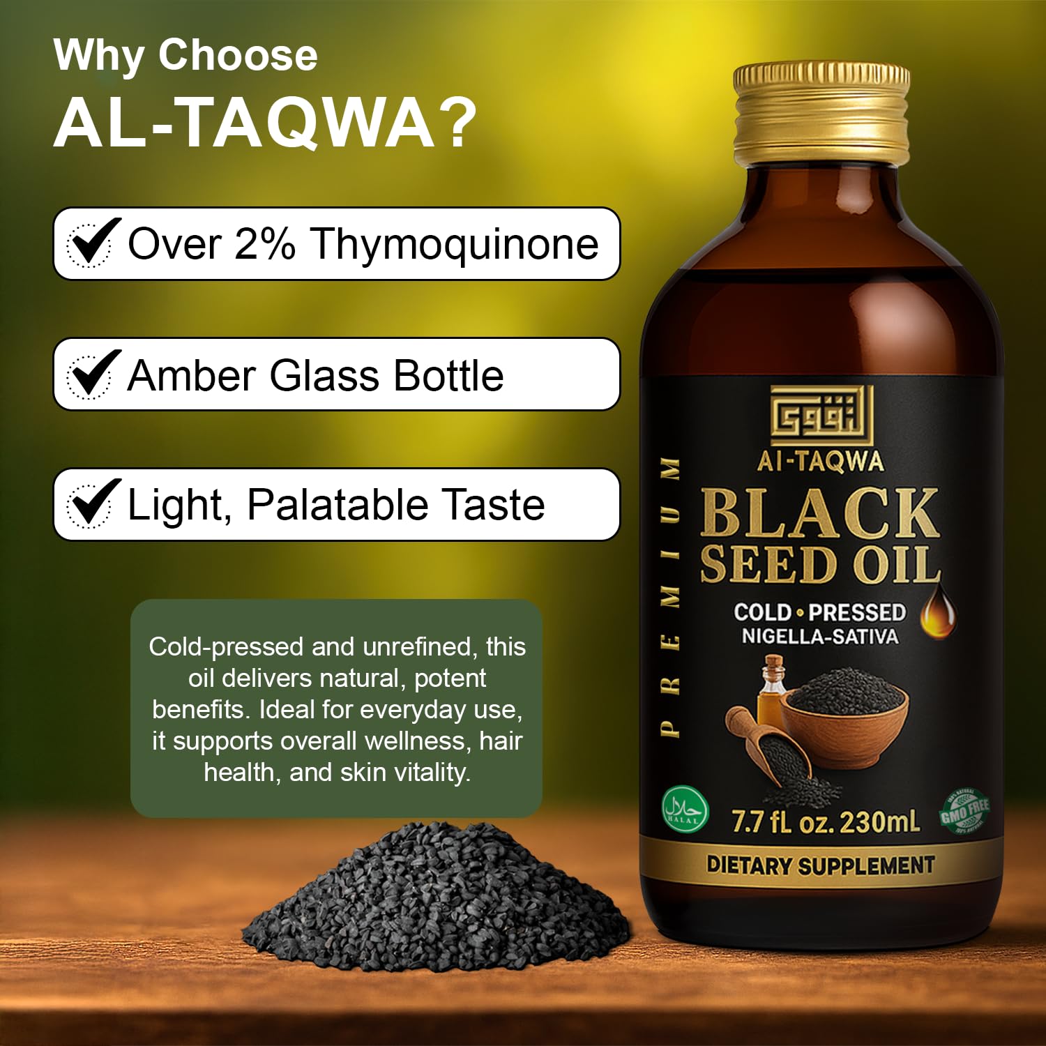 AL-TAQWA Black Seed Oil amber bottle with cap ready for use.
