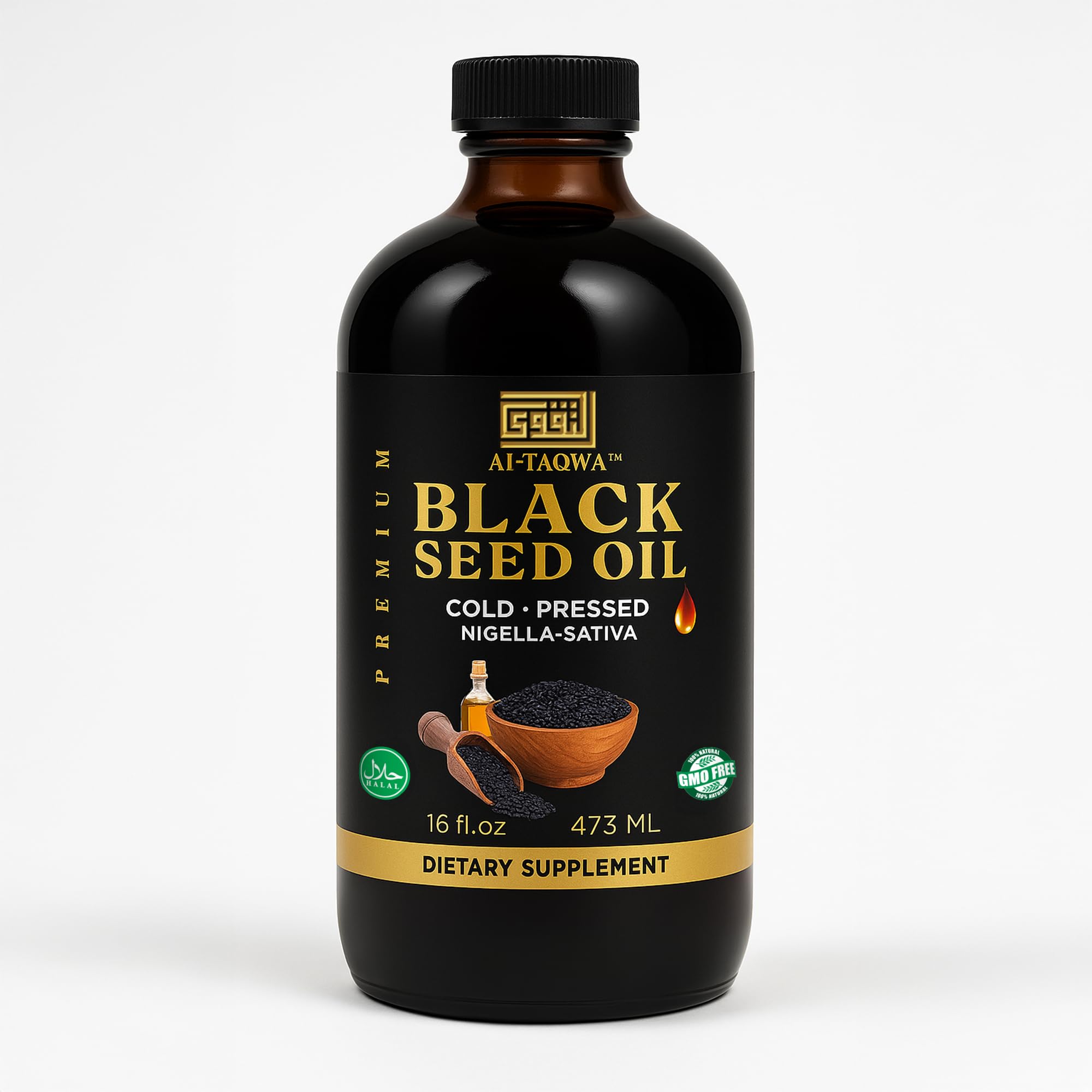 AL-TAQWA Black Seed Oil bottle in amber glass ideal for daily vitality.