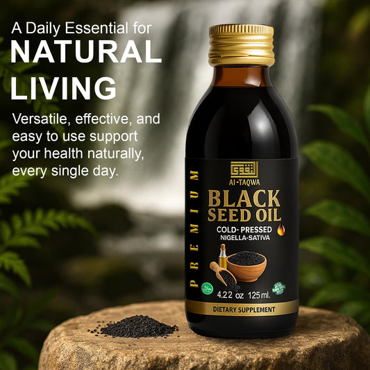 AL-TAQWA Black Seed Oil cap close-up showing secure seal for potency and freshness.