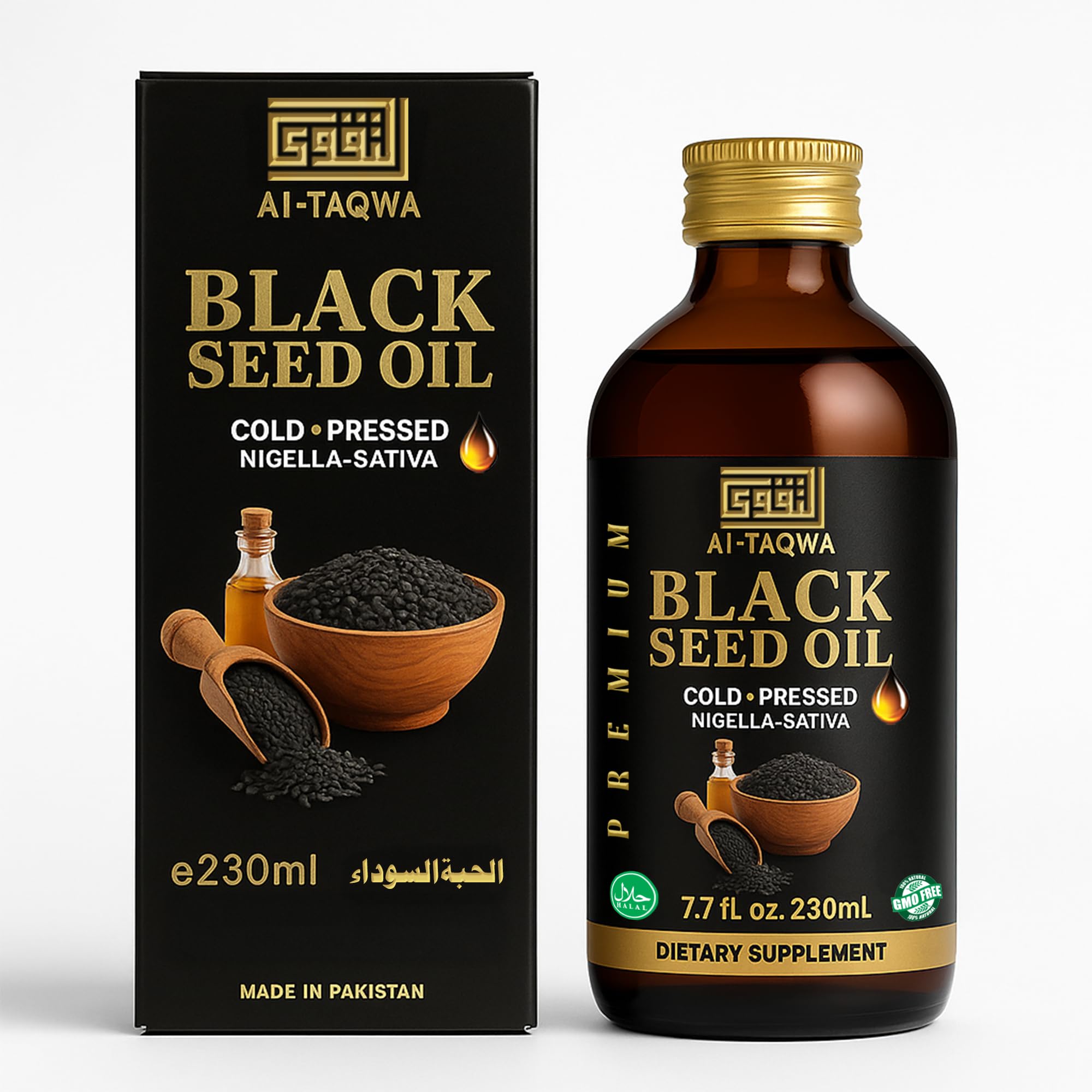 AL-TAQWA Black Seed Oil bottle front for daily hair and skin support.