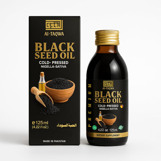 AL-TAQWA Black Seed Oil bottle front view highlighting premium cold-pressed oil for daily vitality.