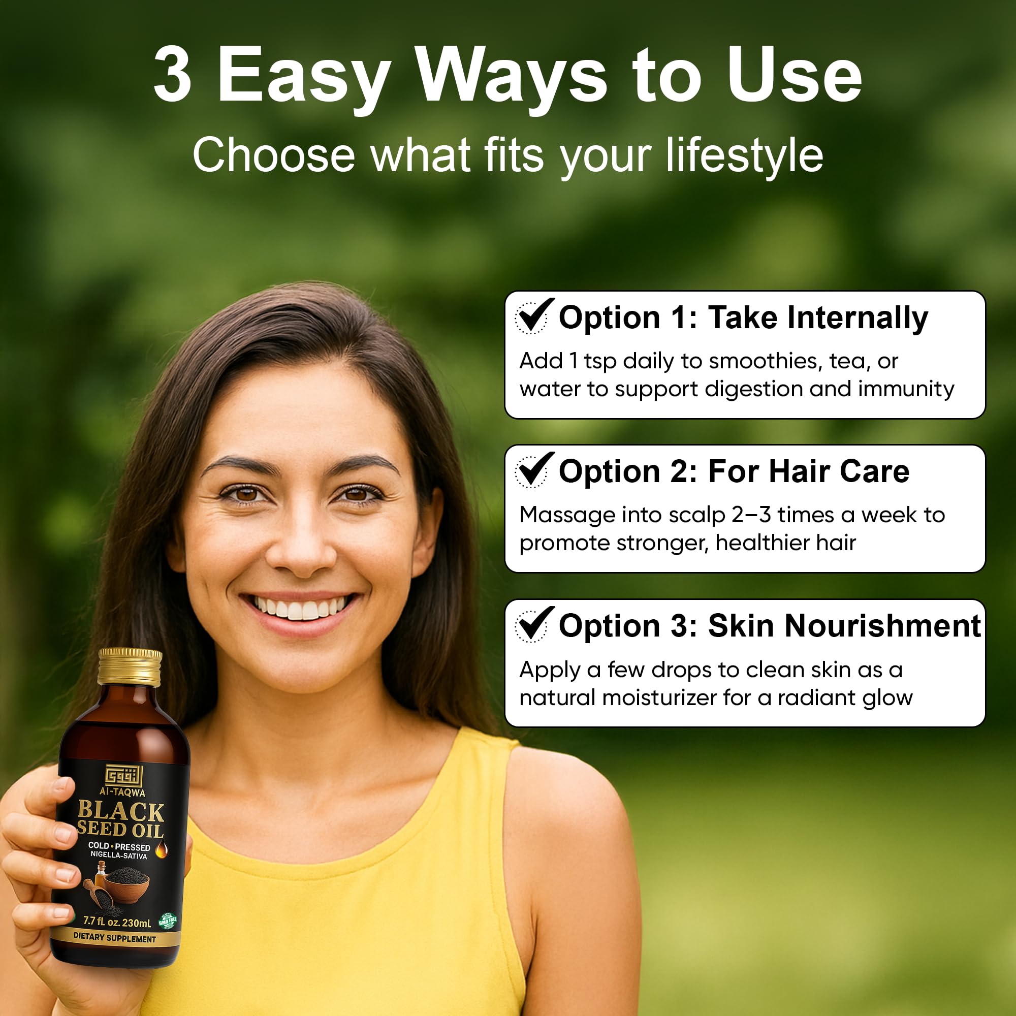 AL-TAQWA Black Seed Oil label close-up highlights cold-pressed, non-GMO qualities.