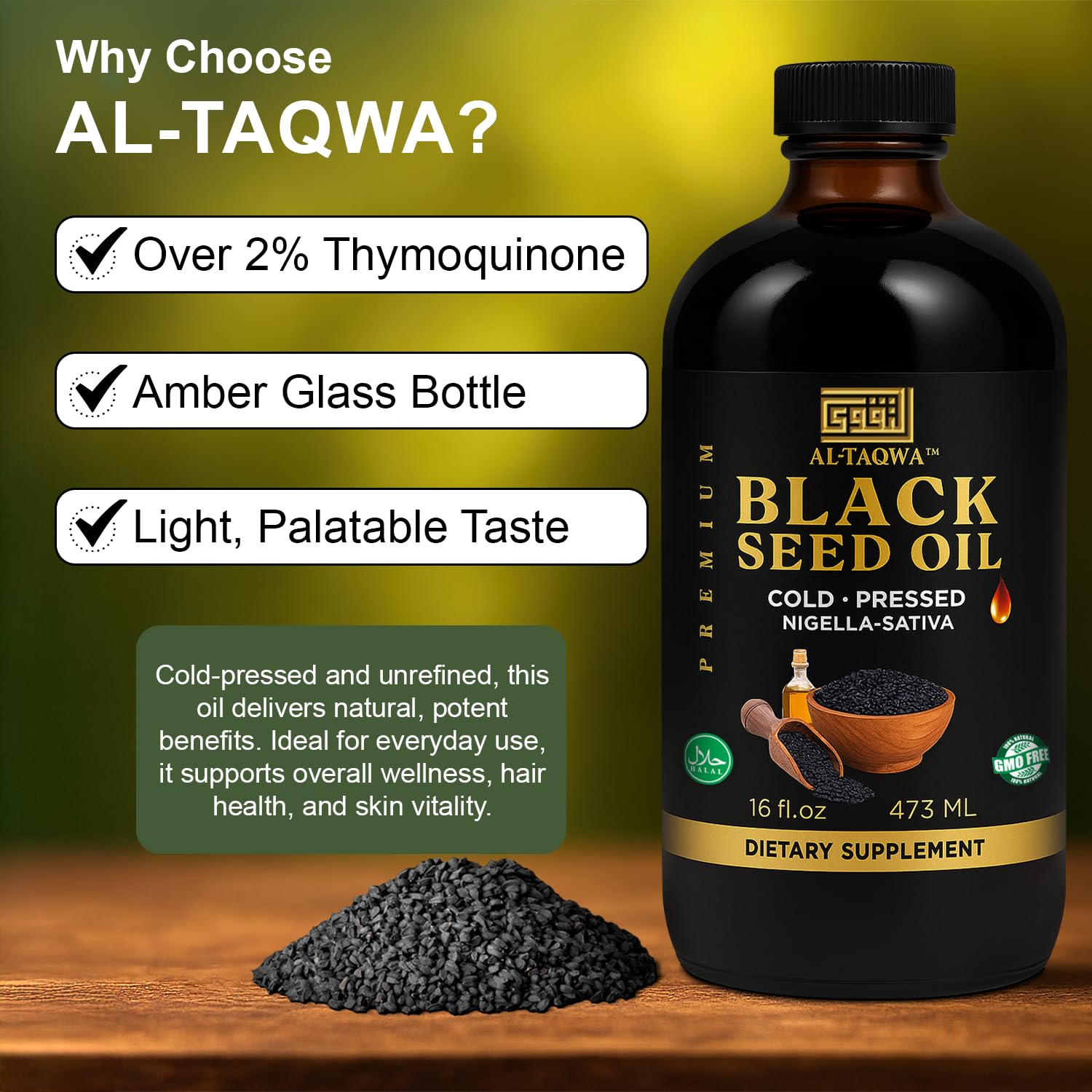 AL-TAQWA brand logo on label signals trusted, premium Kalonji oil.