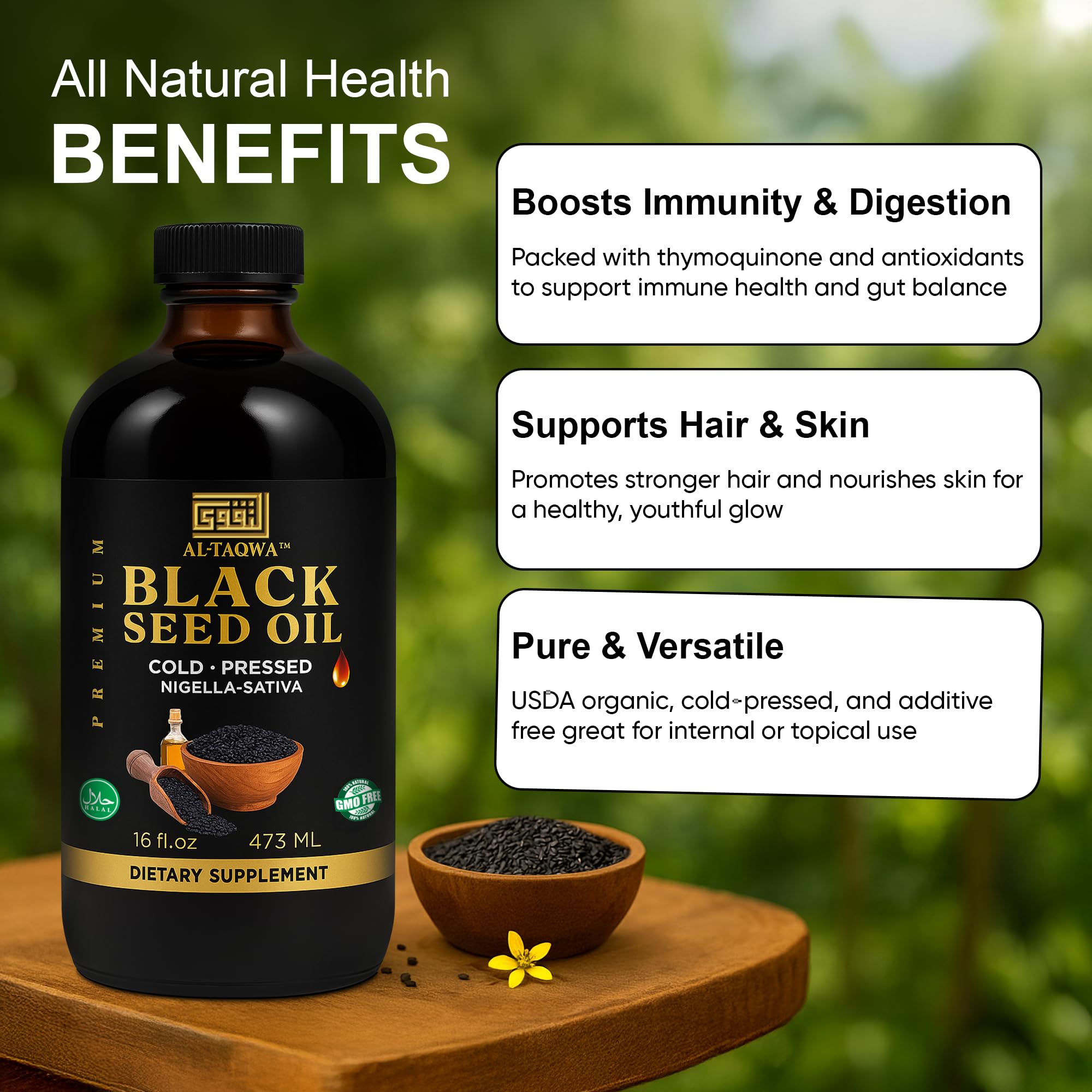 AL-TAQWA Kalonji oil skin-nourishment close-up highlighting gentle care.