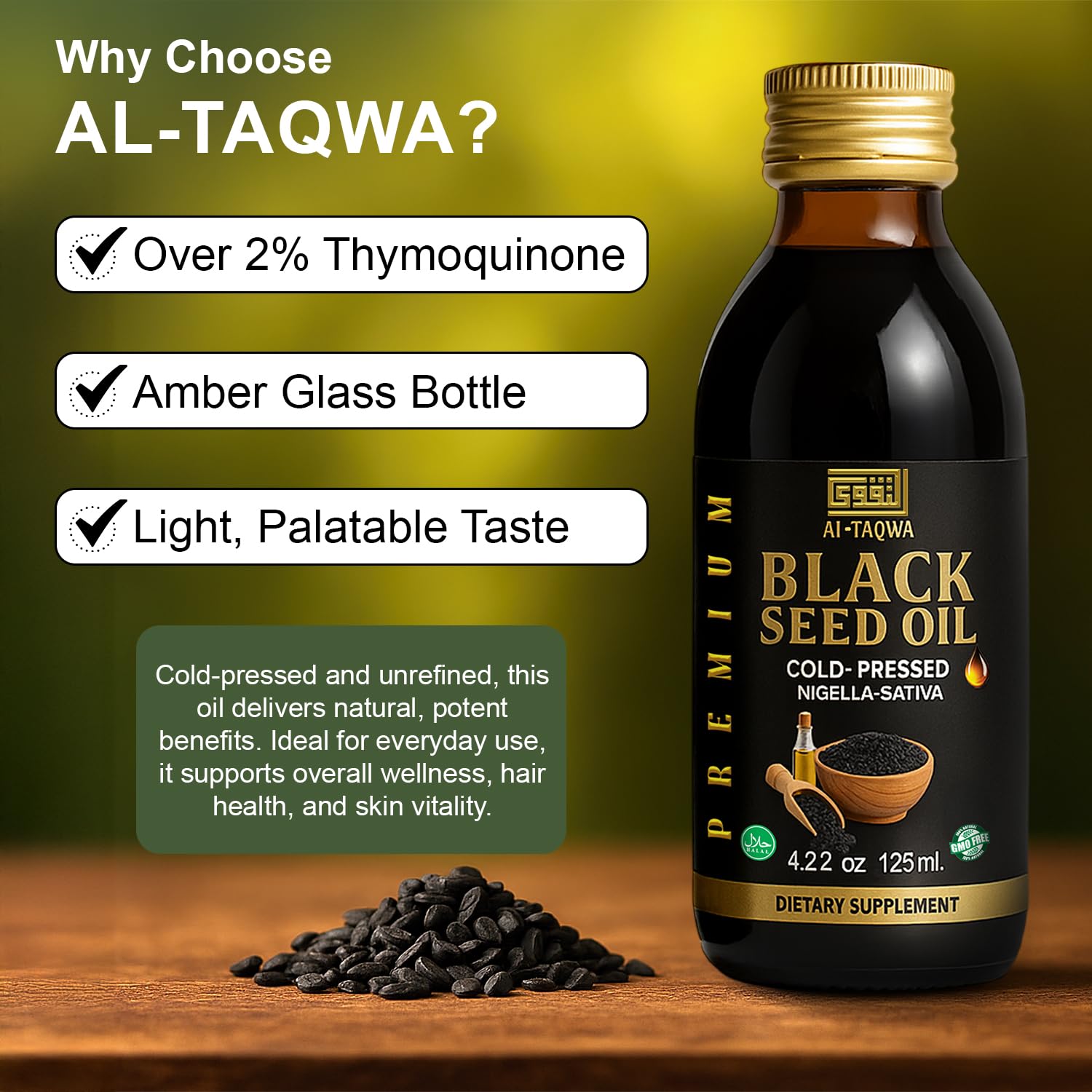 AL-TAQWA wellness oil bottle used in a compact setup for on-the-go routines.