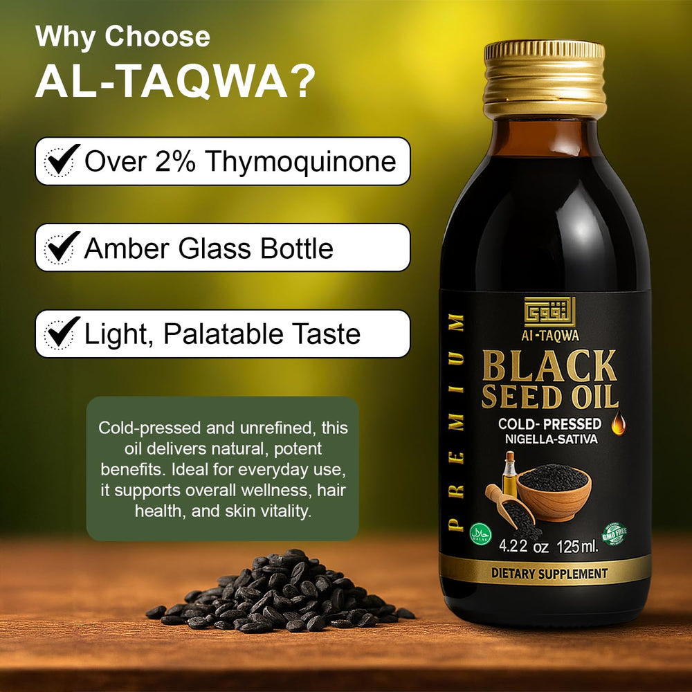 AL-TAQWA wellness oil bottle used in a compact setup for on-the-go routines.