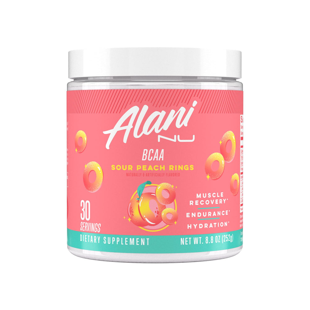 Alani Nu BCAA Sour Peach Ring bottle for post-workout recovery