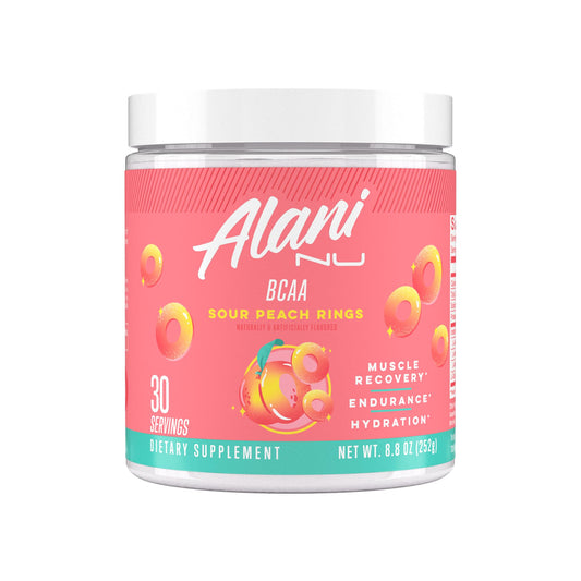 Alani Nu BCAA Sour Peach Ring bottle for post-workout recovery