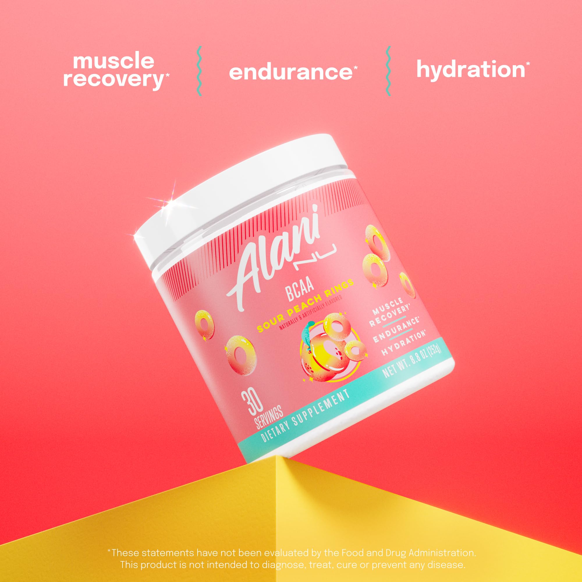 Alani Nu BCAA Sour Peach Ring label close-up highlighting ingredients