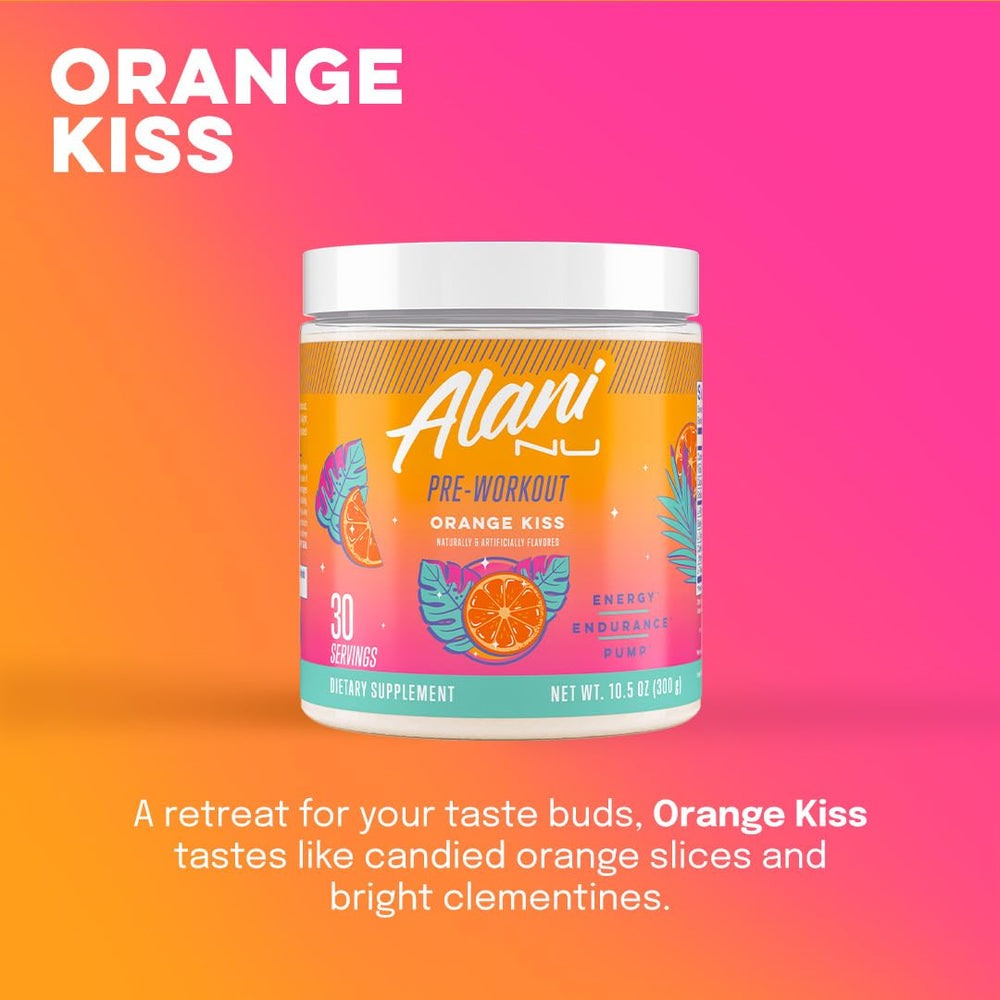 Orange KISS pre-workout glass showing refreshing, sugar-free energy.