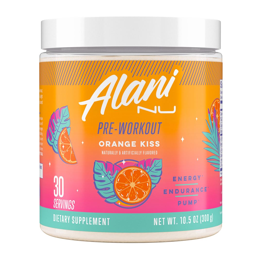 Alani Nu Orange KISS pre-workout powder jar with bold flavor and steady energy.
