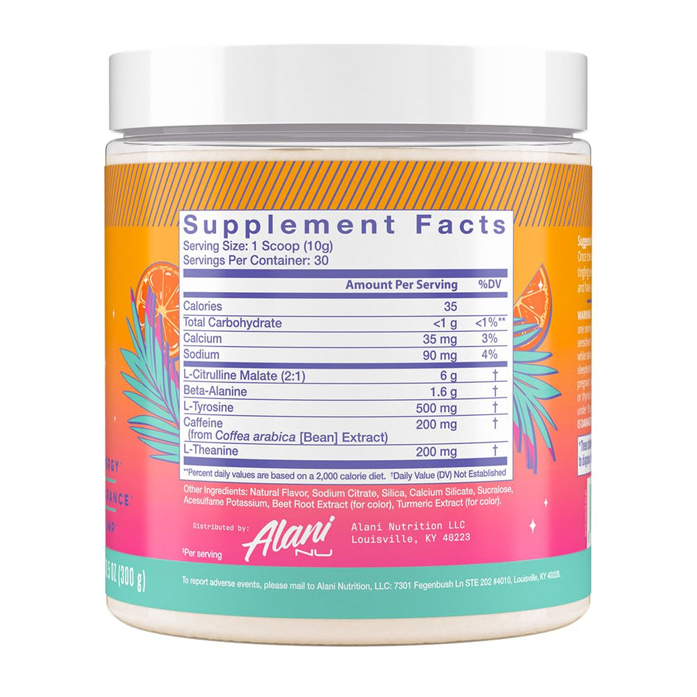Alani Nu Orange KISS scoop dispersing powder for quick pre-workout mix.