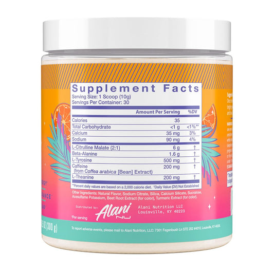 Alani Nu Orange KISS scoop dispersing powder for quick pre-workout mix.