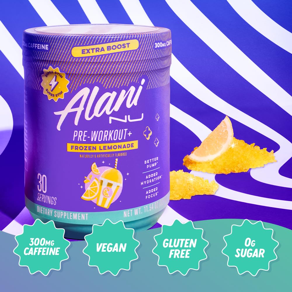 Alani Nu Pre Workout+ packaging on shelf emphasizes clear ingredients