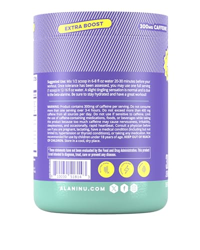 Alani Nu Pre Workout+ scoop beside powder for precise dosing
