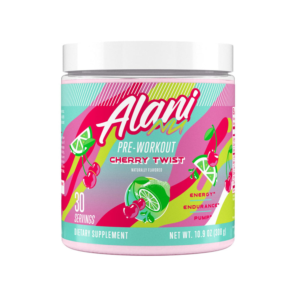 Alani Nu Cherry Twist bottle for sustained energy during workouts.