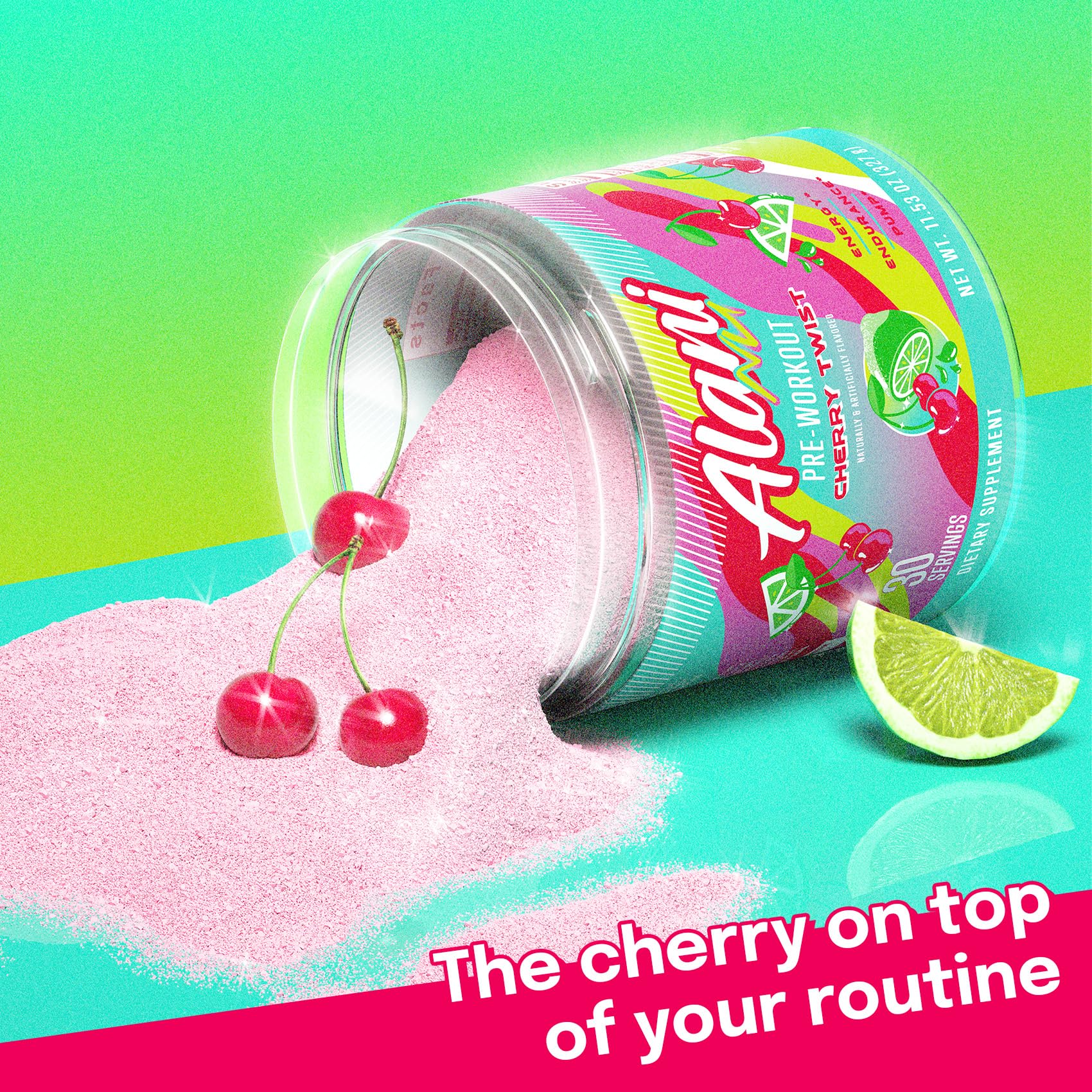 Alani Nu Cherry Twist label notes caffeine and amino blend benefits.