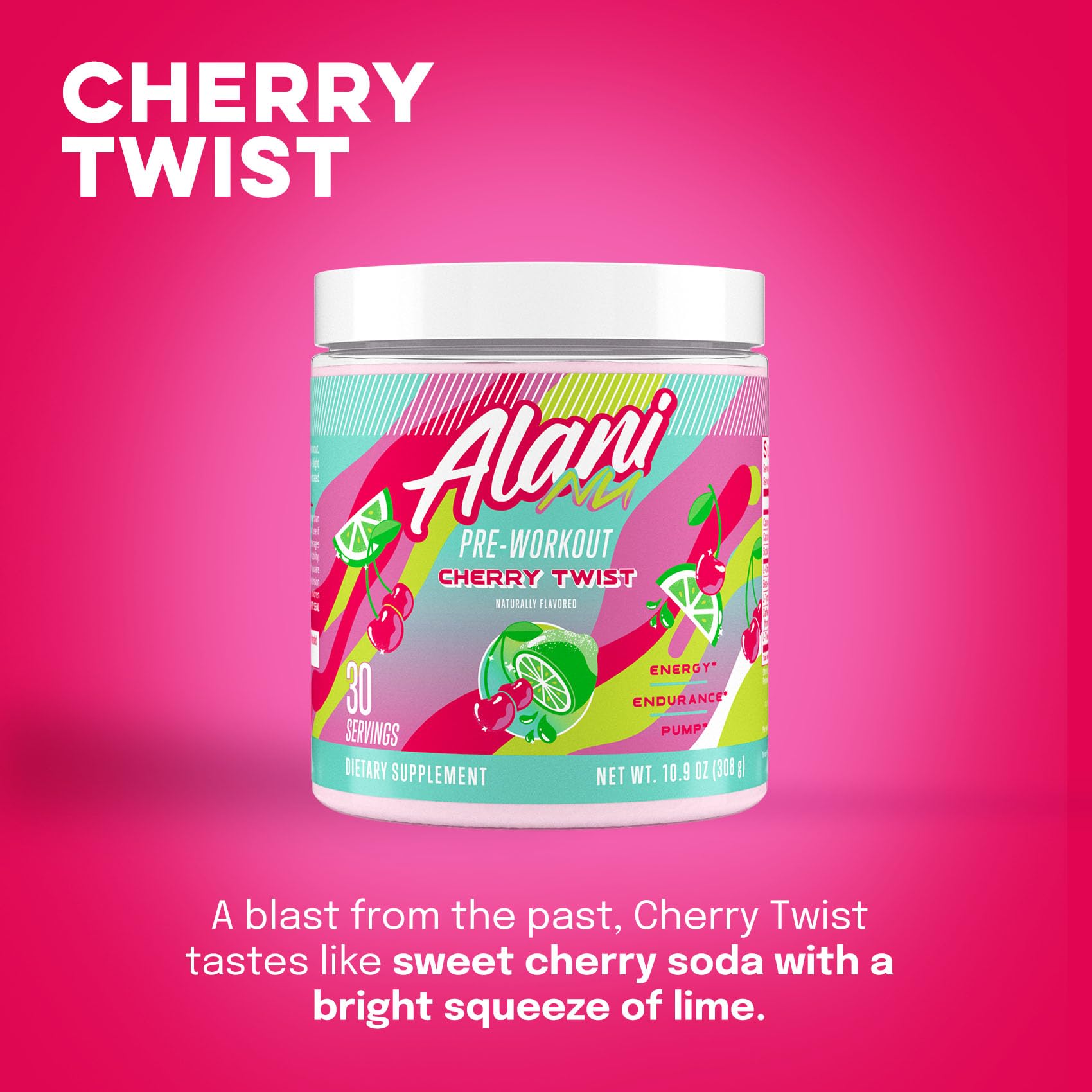 Alani Nu Cherry Twist tub label highlights caffeine and amino energy.