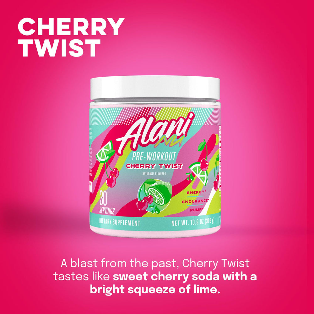 Alani Nu Cherry Twist tub label highlights caffeine and amino energy.