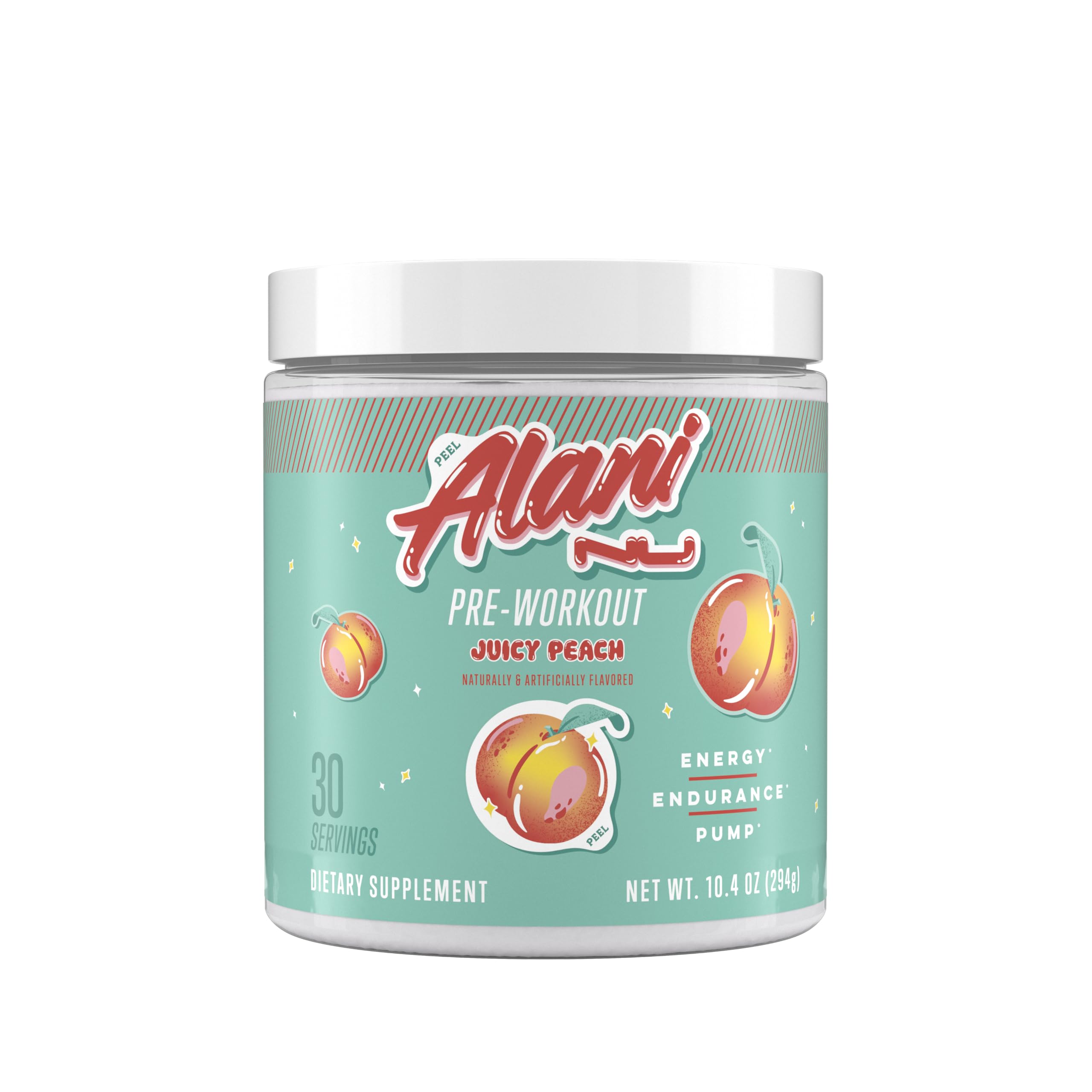 Alani Nu Juicy Peach pre-workout powder front label showing steady energy option.
