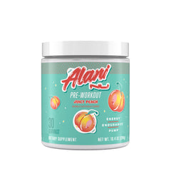 Alani Nu Juicy Peach pre-workout powder front label showing steady energy option.