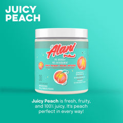 Alani Nu Juicy Peach pre-workout being mixed in a glass for quick hydration.