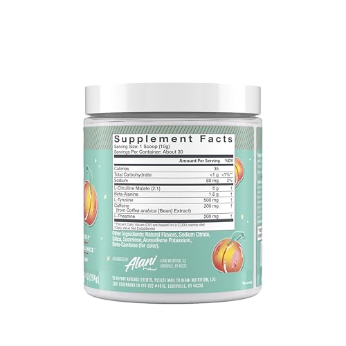Alani Nu Juicy Peach powder scoop ready before training session.