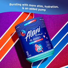 Alani Nu Pre Workout+ Rocket Pop canister on gym setup ready to train