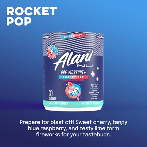 Alani Nu Pre Workout+ Rocket Pop jar label shows clean sugar-free ingredients